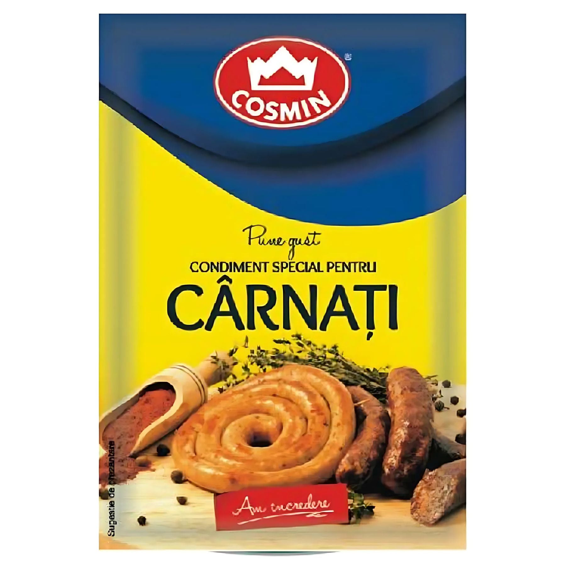 A 20g packet of Cosmin Sausage Seasoning, with packaging displaying images of homemade sausages, herbs, and spices. A 20g packet of Cosmin Sausage Seasoning, with packaging displaying images of homemade sausages, herbs, and spices.