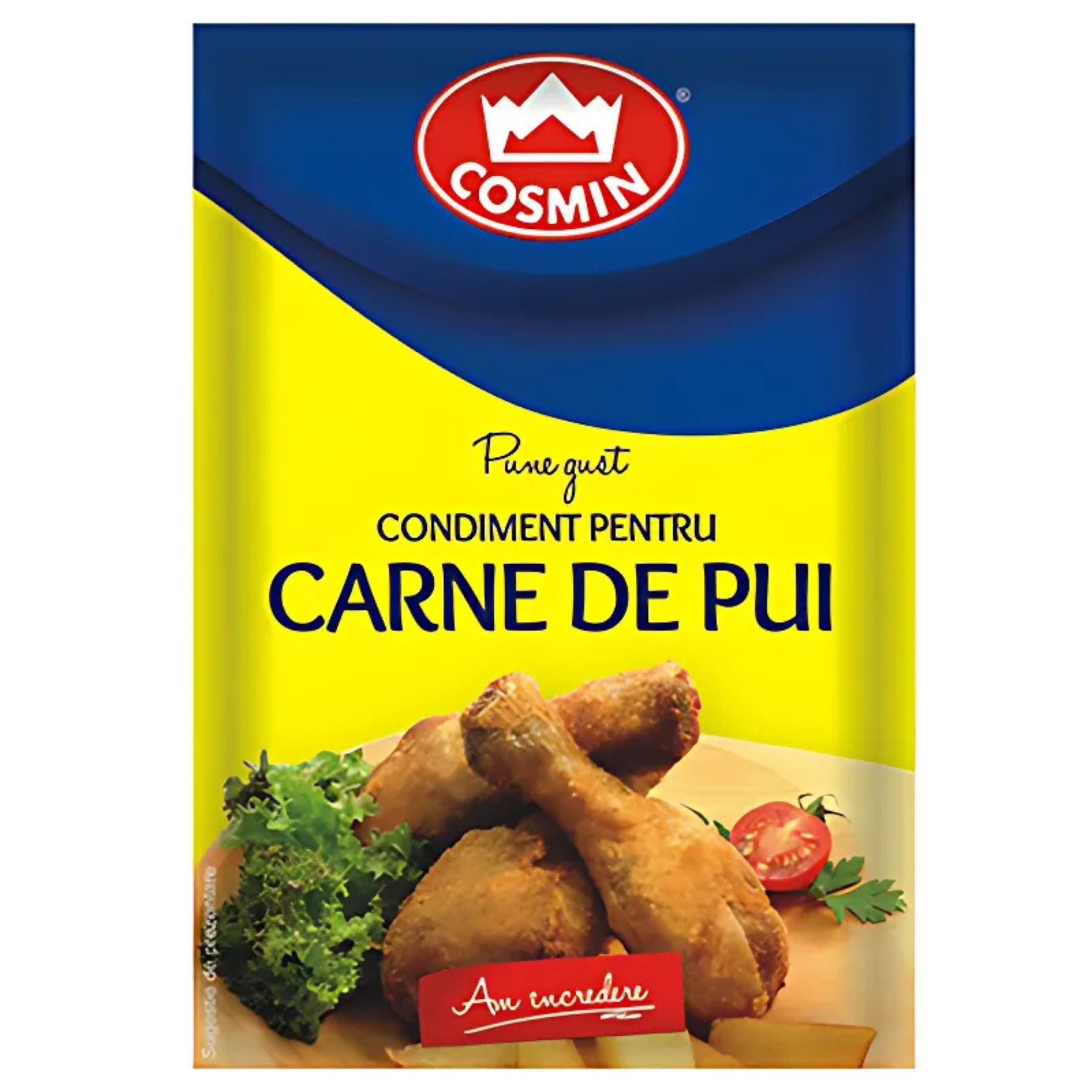 Cosmin - Spice for Chicken - 20g: A flavorful blend labeled "Condiment pentru carne de pui," with an image of cooked chicken drumsticks, lettuce, and tomatoes—ideal for seasoning your chicken dishes. Cosmin - Spice for Chicken - 20g: A flavorful blend labeled "Condiment pentru carne de pui," with an image of cooked chicken drumsticks, lettuce, and tomatoes—ideal for seasoning your chicken dishes.