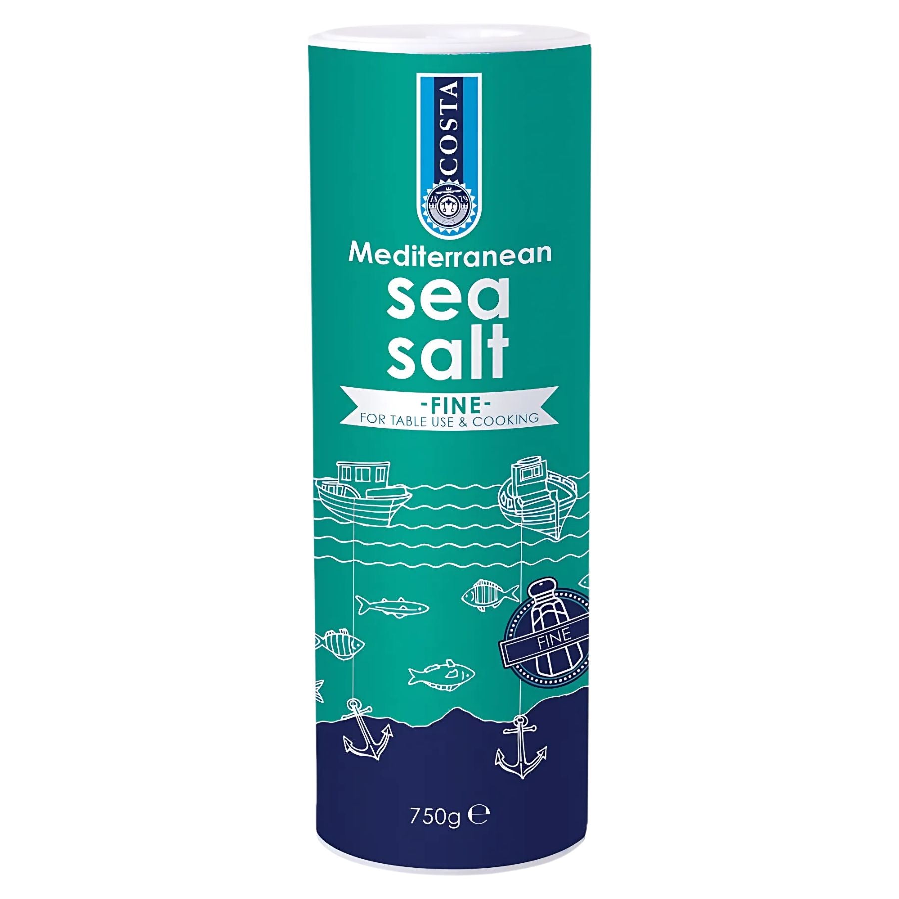 A 750g cylindrical container of Costa Fine Sea Salt, ideal for table use, seasoning, and cooking, featuring nautical-themed graphics. A 750g cylindrical container of Costa Fine Sea Salt, ideal for table use, seasoning, and cooking, featuring nautical-themed graphics.