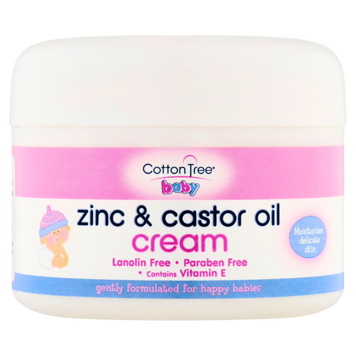 Jar of Cotton Tree - Zinc and Castor Oil Cream - 200ml, labeled as lanolin free, paraben free, and contains vitamin e, featuring a pink and blue design.