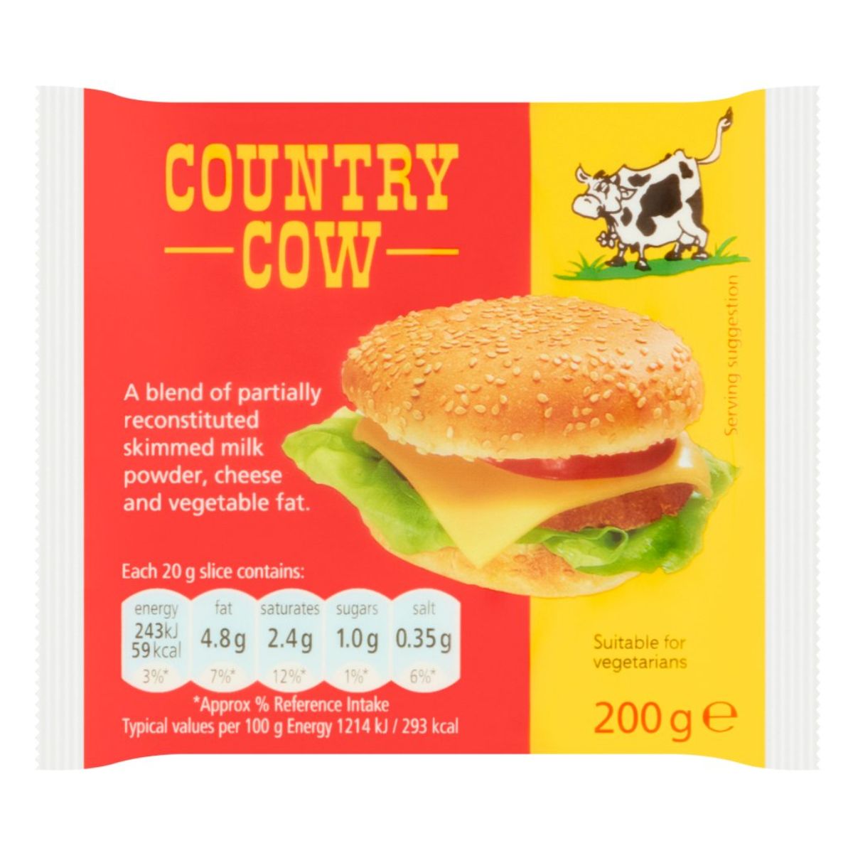 Packaging for "Country Cow - Cheese - 200g" burger, displaying a photo of a burger and list of ingredients on a bright yellow background.