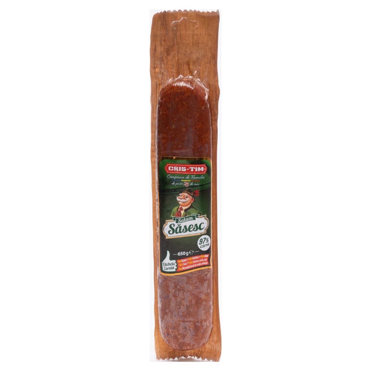 A piece of Cris-Tim - Sasesc Salami - 650g on a white background. A piece of Cris-Tim - Sasesc Salami - 650g on a white background.