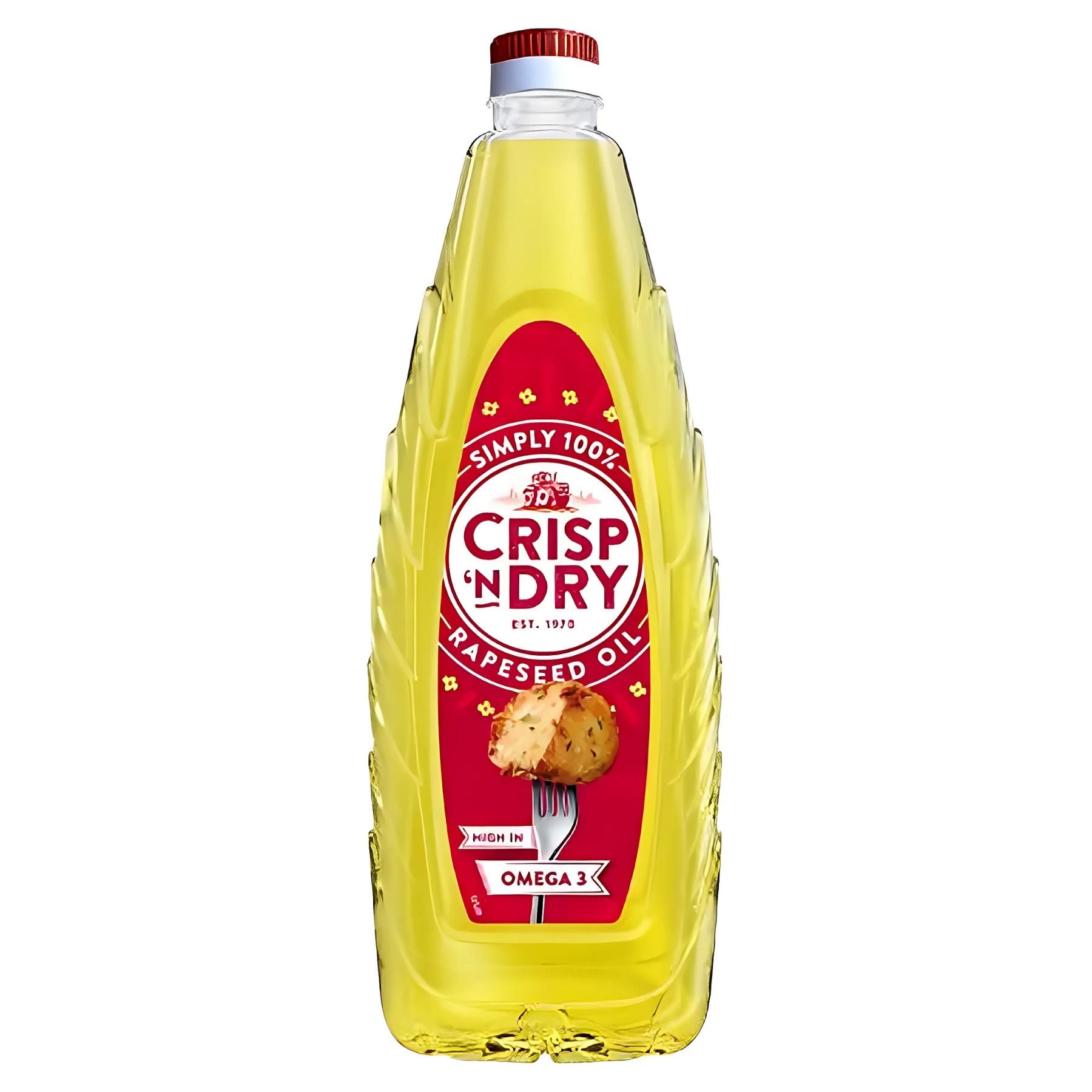 Crisp 'n Dry - 100% Rapeseed Oil - 1L comes in a clear plastic bottle with a red label and screw cap, containing yellow cooking oil rich in omega-3. Crisp 'n Dry - 100% Rapeseed Oil - 1L comes in a clear plastic bottle with a red label and screw cap, containing yellow cooking oil rich in omega-3.