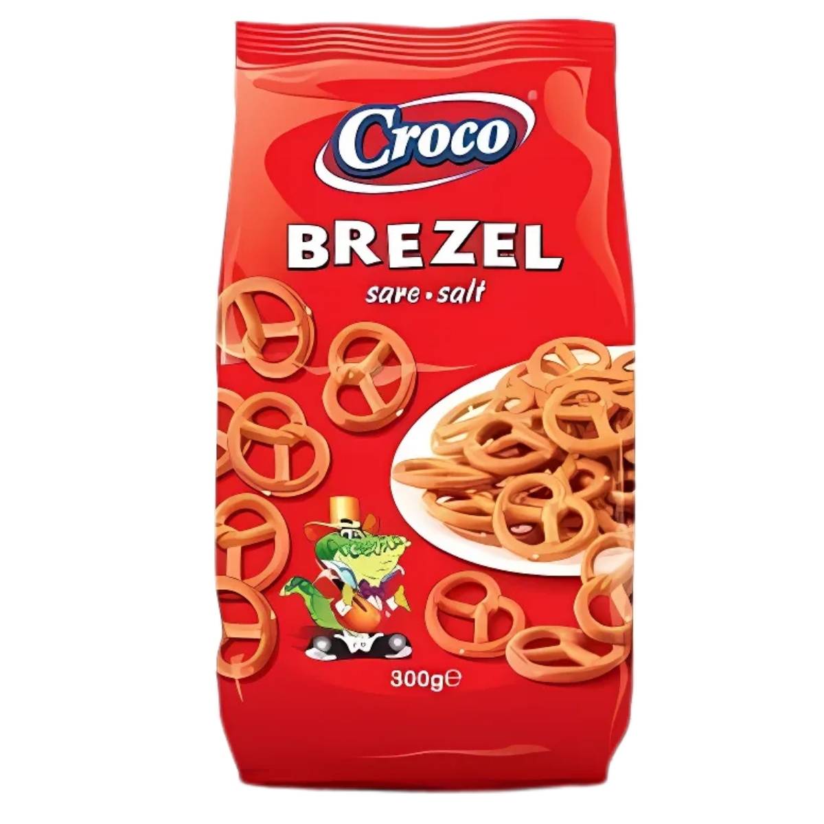 A 300g package of Croco - Brezel With Salt features a red design with an illustrated crocodile on the front and crispy pretzels spilling out of a bowl. A 300g package of Croco - Brezel With Salt features a red design with an illustrated crocodile on the front and crispy pretzels spilling out of a bowl.