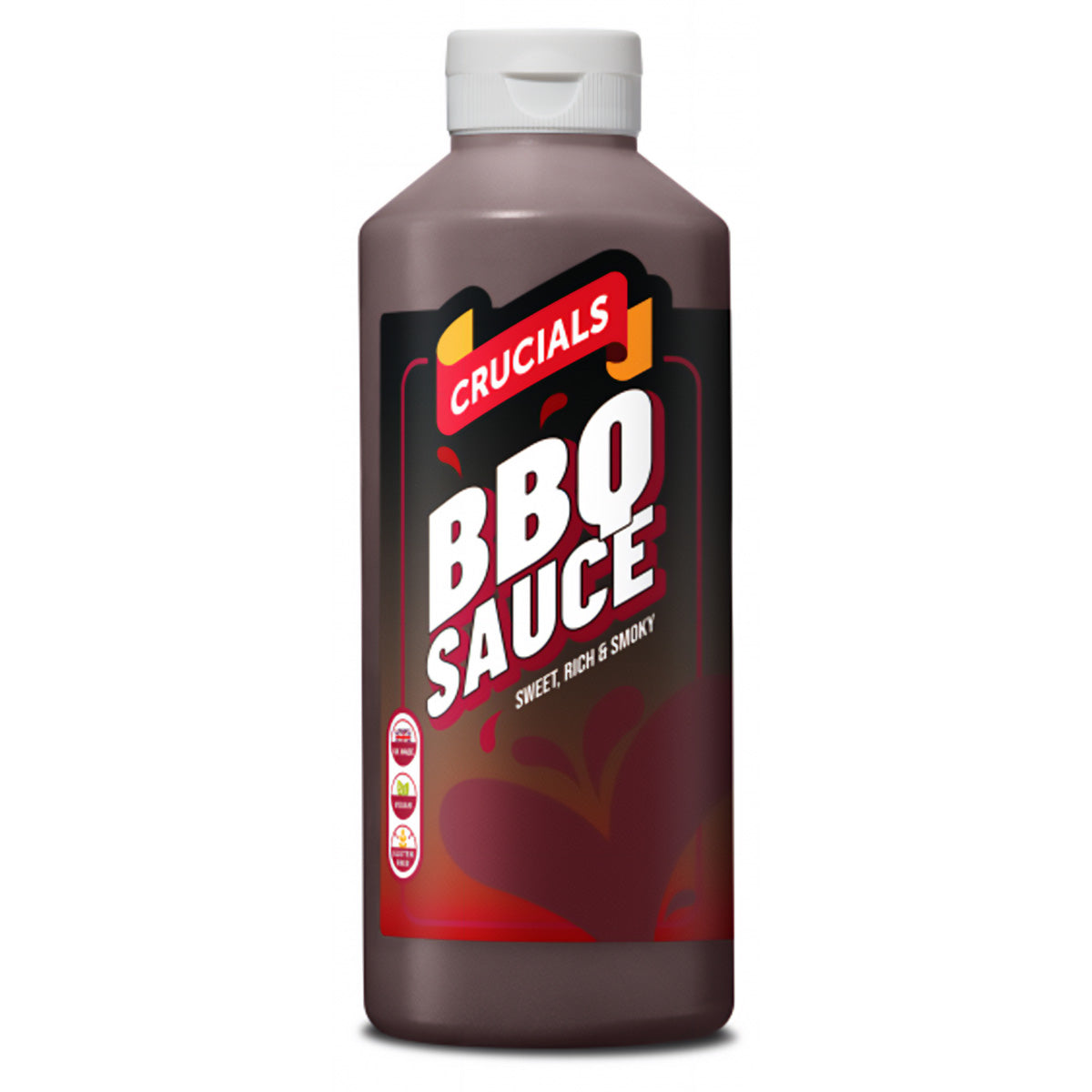 A bottle of Crucials - Squeezy BBQ Sauce - 500ml on a white background. A bottle of Crucials - Squeezy BBQ Sauce - 500ml on a white background.
