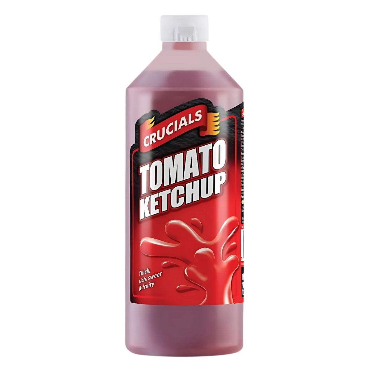 A 1L plastic bottle of Crucials Tomato Ketchup with a white cap and red label, displaying the Crucials brand name and ketchup splash graphics. A 1L plastic bottle of Crucials Tomato Ketchup with a white cap and red label, displaying the Crucials brand name and ketchup splash graphics.