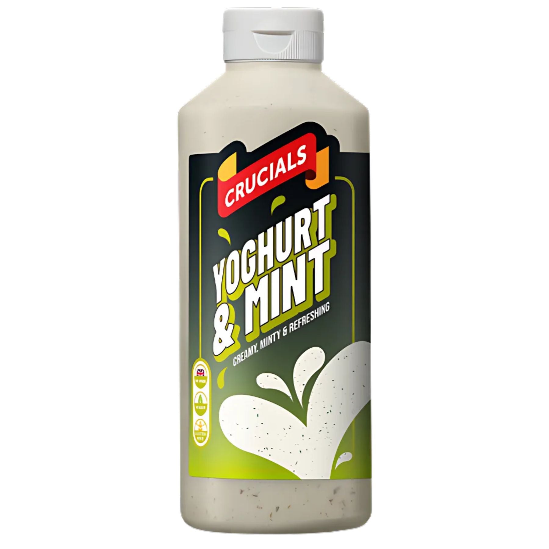 Crucials - Yoghurt & Mint Sauce - 500ml with a white cap, green and black label, and white text; ideal as a dipping sauce or salad dressing. Crucials - Yoghurt & Mint Sauce - 500ml with a white cap, green and black label, and white text; ideal as a dipping sauce or salad dressing.