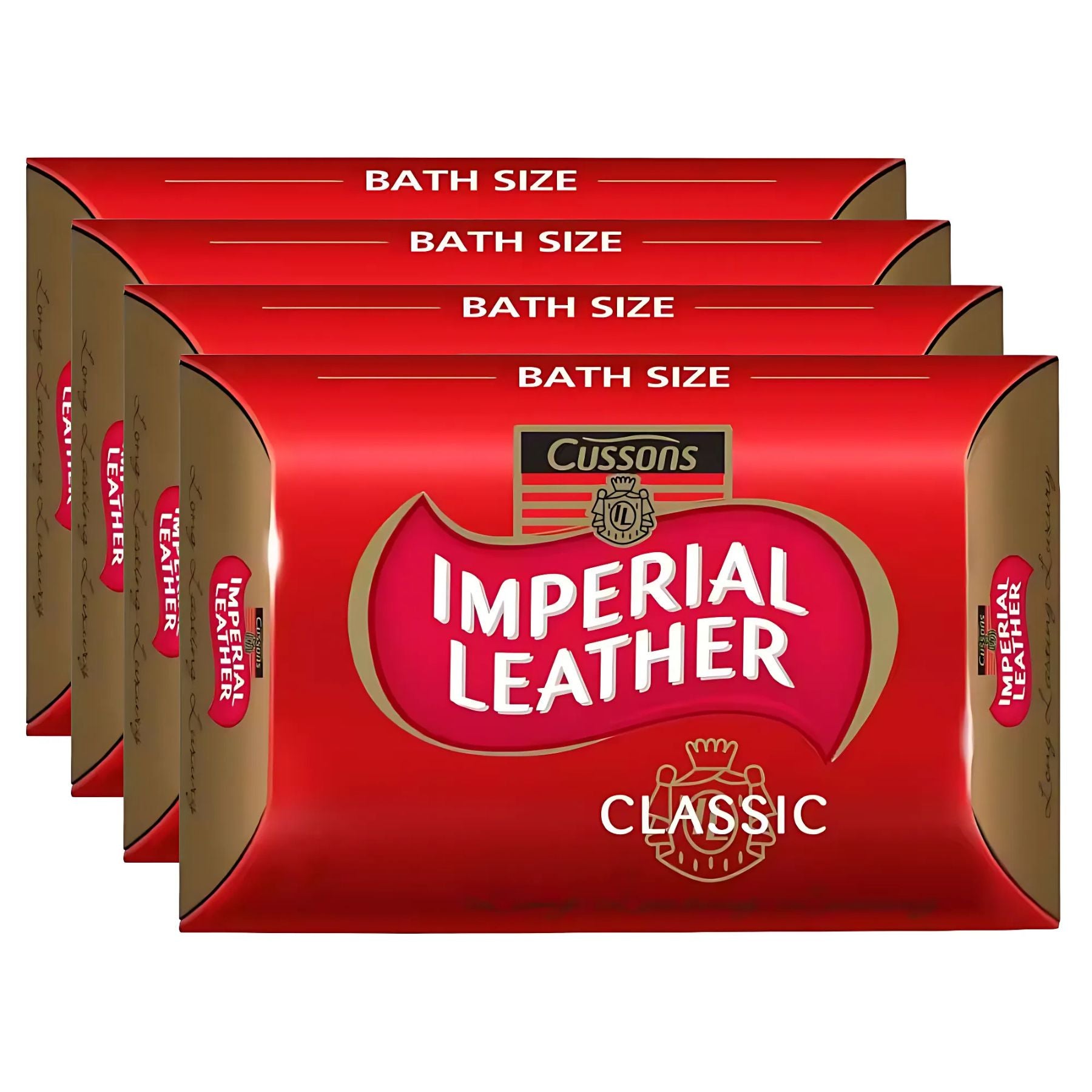 Four Cussons Imperial Leather Classic Soap Bars (4 x 115g) are lined up in their signature red and gold packaging. Four Cussons Imperial Leather Classic Soap Bars (4 x 115g) are lined up in their signature red and gold packaging.