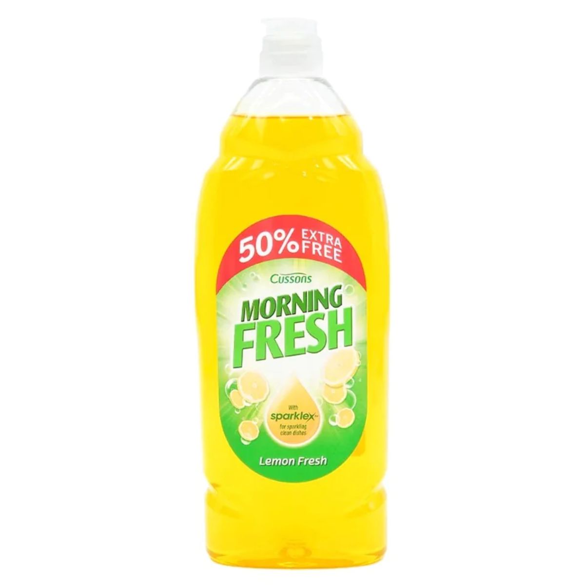 A bottle of Cussons - Morning Fresh Lemon Washing Up Liquid - 675ml on a white background. A bottle of Cussons - Morning Fresh Lemon Washing Up Liquid - 675ml on a white background.
