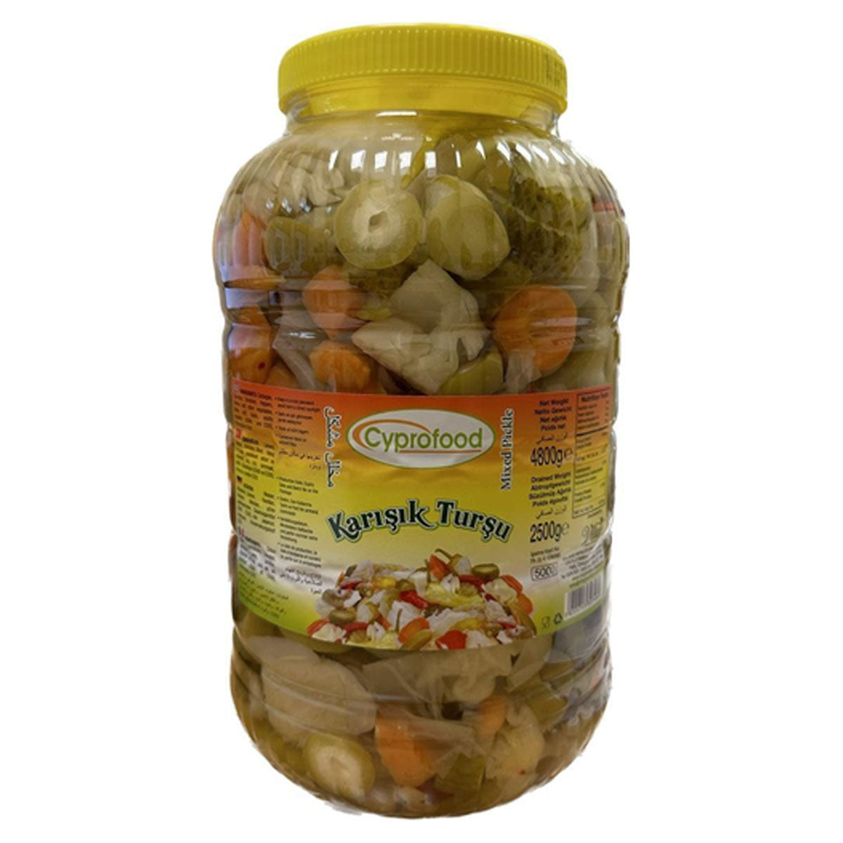 A CyproFood - Mixed Pickles - 4.8Kg jar of pickled vegetables on a white background.