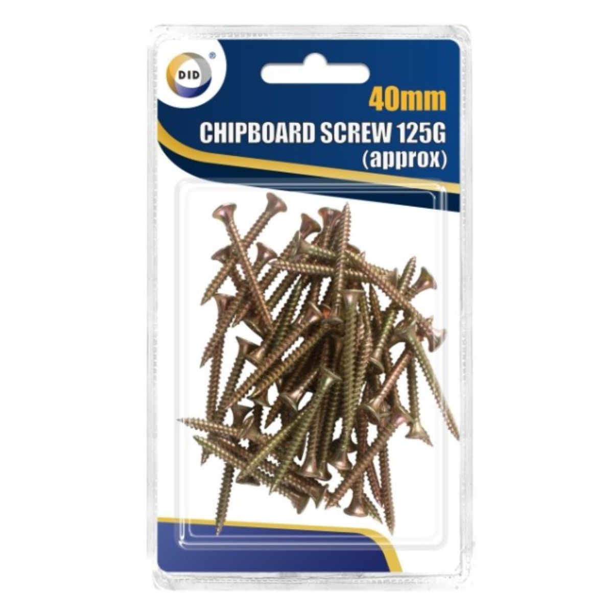 Sentence with replaced product name: Plastic package of DID - 40mm chipboard screws - 125g, containing approximately 125 pieces, displayed against a blue and yellow label.