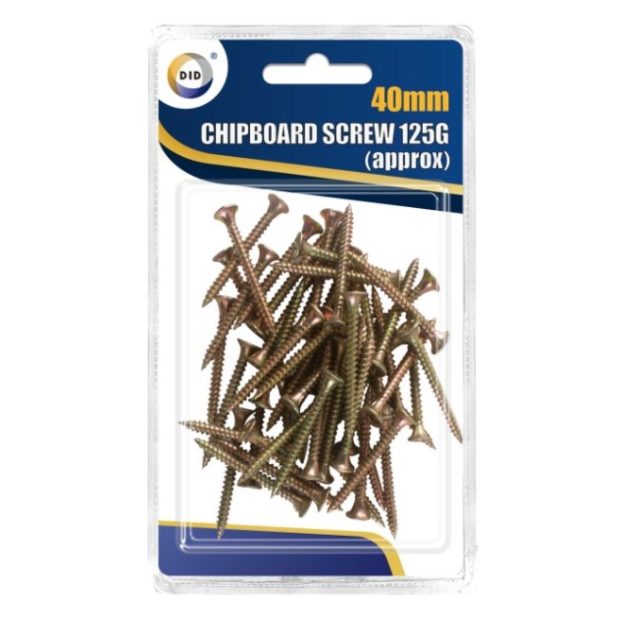 Sentence with replaced product name: Plastic package of DID - 40mm chipboard screws - 125g, containing approximately 125 pieces, displayed against a blue and yellow label. Sentence with replaced product name: Plastic package of DID - 40mm chipboard screws - 125g, containing approximately 125 pieces, displayed against a blue and yellow label.