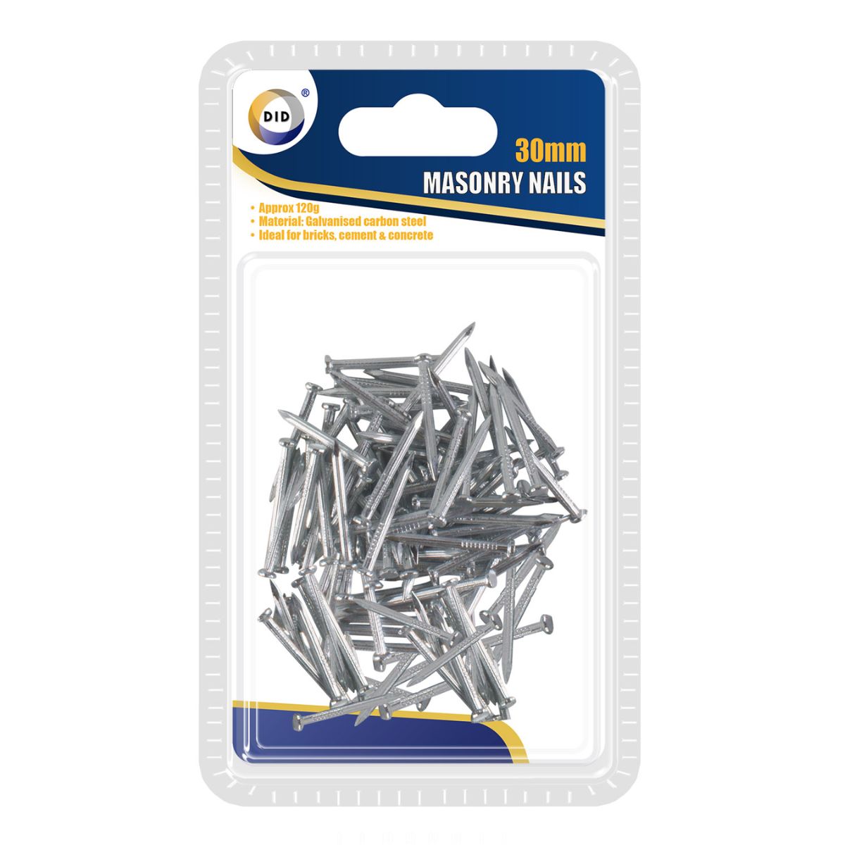 A package of DID - 30mm Masonry Nails, labeled as suitable for bricks, cement, and concrete, displayed in a clear plastic blister pack. A package of DID - 30mm Masonry Nails, labeled as suitable for bricks, cement, and concrete, displayed in a clear plastic blister pack.