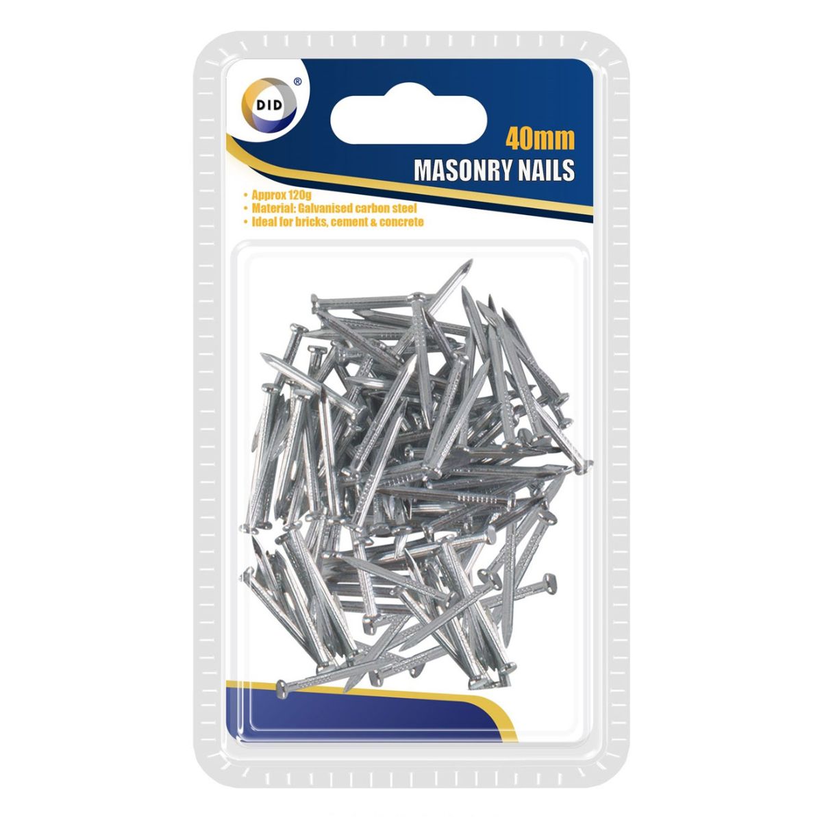 Packaging of DID - 40mm Masonry Nails, approximately 100 pieces, designed for use on brick, concrete and stone, displayed in a clear plastic blister pack. Packaging of DID - 40mm Masonry Nails, approximately 100 pieces, designed for use on brick, concrete and stone, displayed in a clear plastic blister pack.
