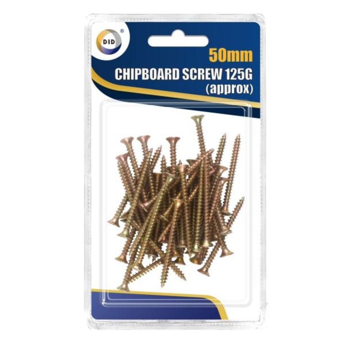 Packaging containing approximately DID - 50mm Chipboard Screws - 125g displayed on a blue and yellow card.