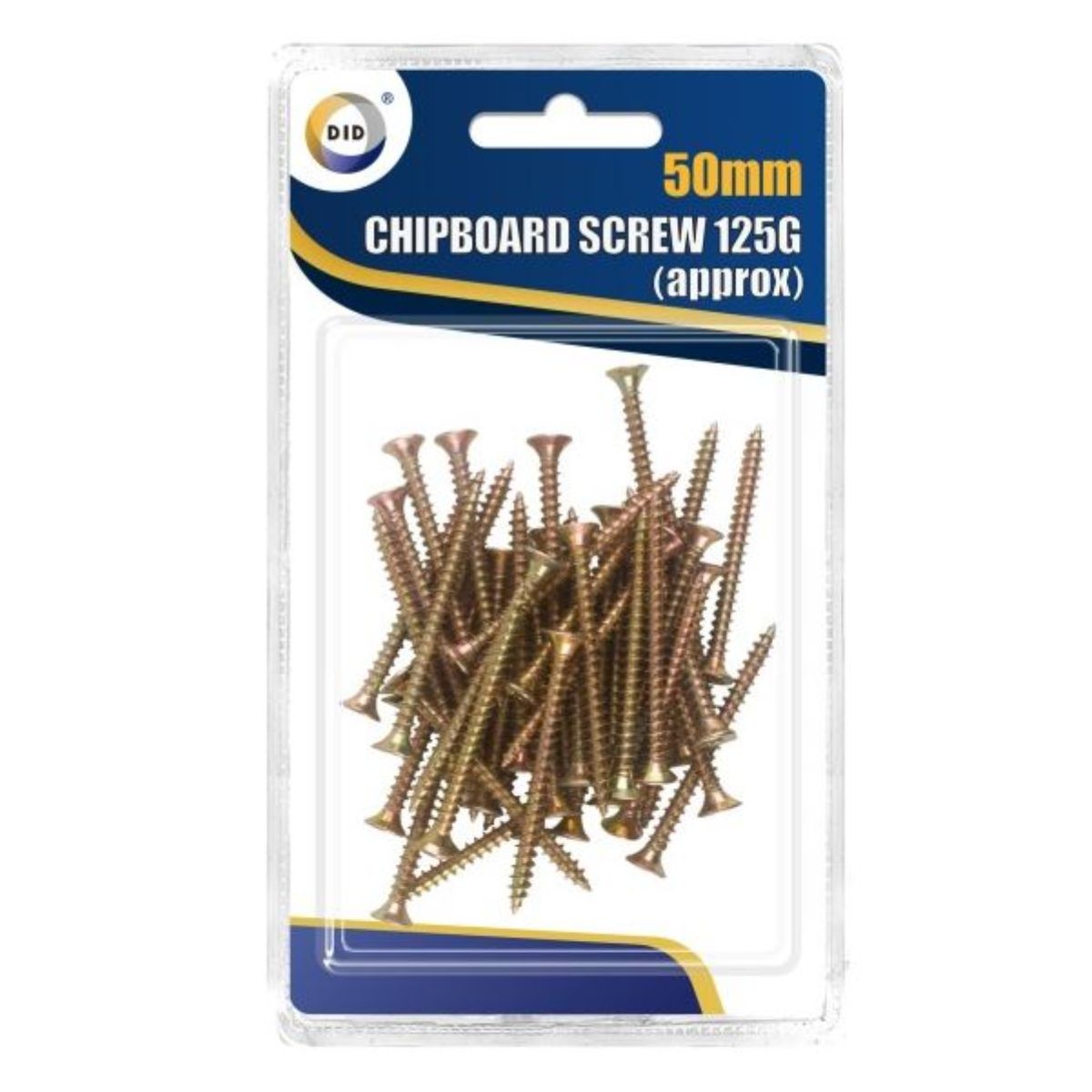 Packaging containing approximately DID - 50mm Chipboard Screws - 125g displayed on a blue and yellow card. Packaging containing approximately DID - 50mm Chipboard Screws - 125g displayed on a blue and yellow card.