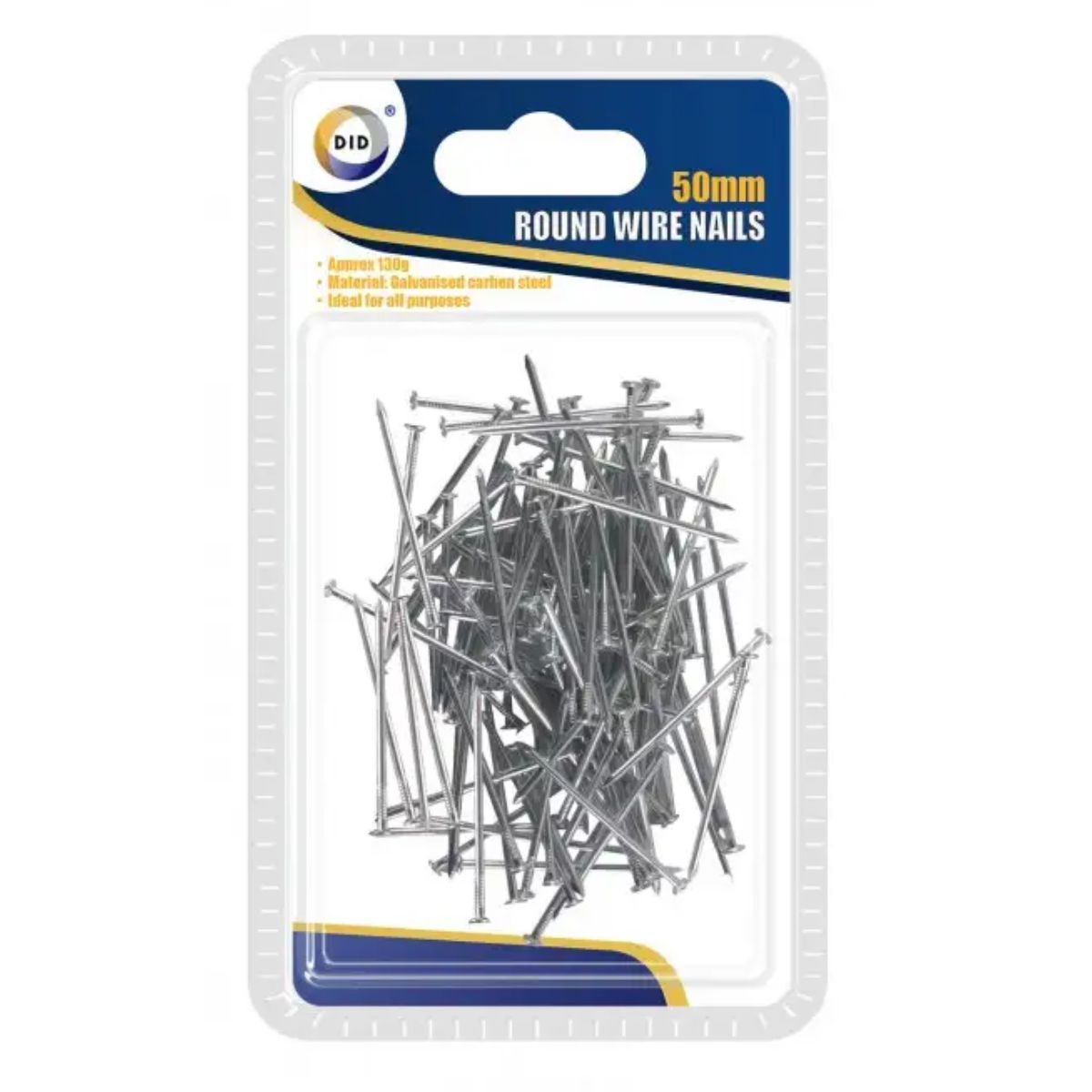 A plastic packaging containing DID - 50mm Round Wire Nails made of galvanized carbon steel, labeled "ideal for all purposes. A plastic packaging containing DID - 50mm Round Wire Nails made of galvanized carbon steel, labeled "ideal for all purposes.