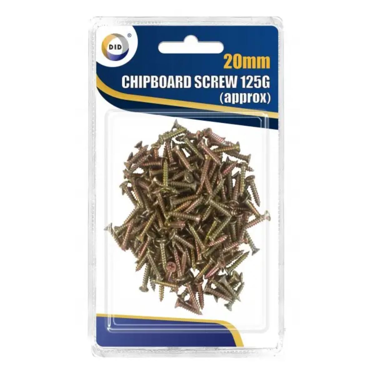 Packaging of DID - Chipboard Screws 20mm - 125g, displayed in a clear plastic blister pack with a blue and yellow label. Packaging of DID - Chipboard Screws 20mm - 125g, displayed in a clear plastic blister pack with a blue and yellow label.