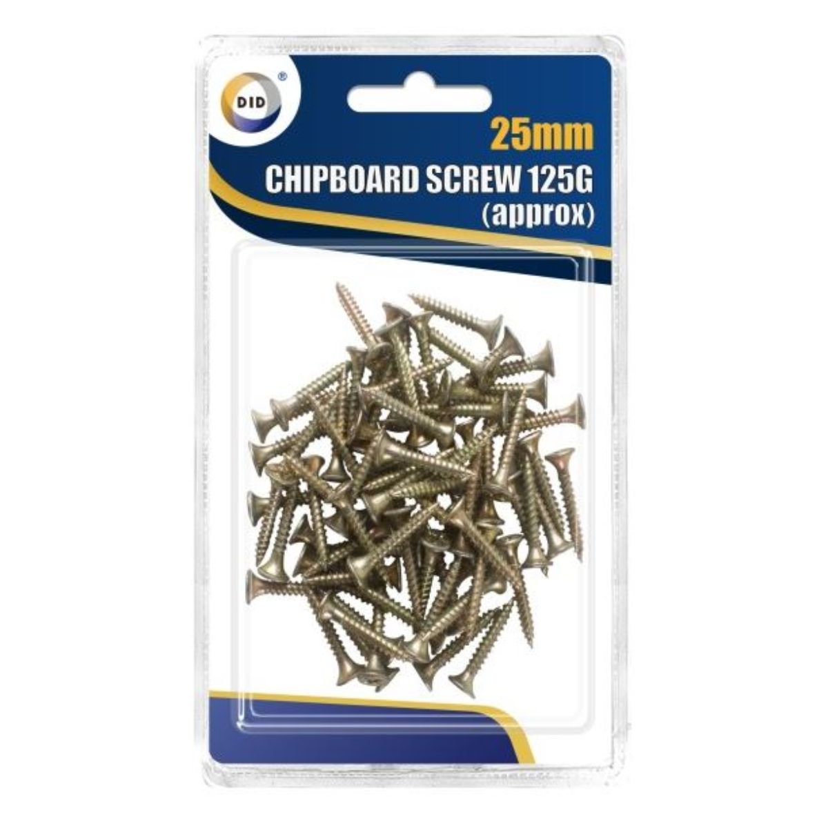 Packaging of DID - Chipboard Screws 25mm - 125g, displayed in a clear plastic case with a blue and yellow label. Packaging of DID - Chipboard Screws 25mm - 125g, displayed in a clear plastic case with a blue and yellow label.
