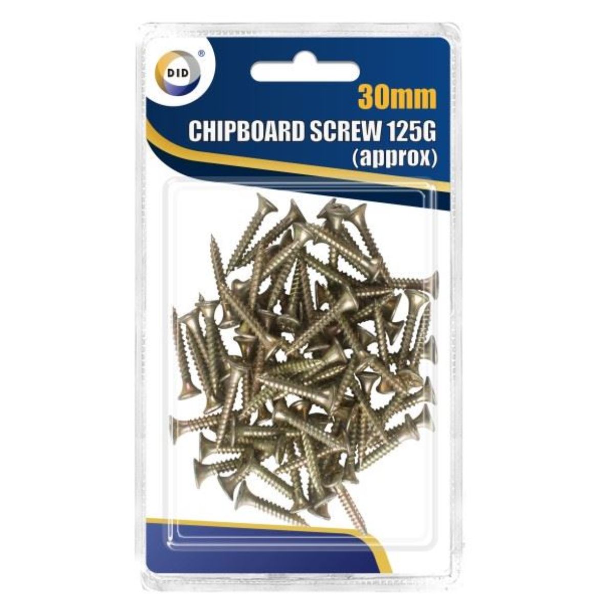 A package of DID - Chipboard Screws 30mm - 125g, displayed on a blue and white card. A package of DID - Chipboard Screws 30mm - 125g, displayed on a blue and white card.