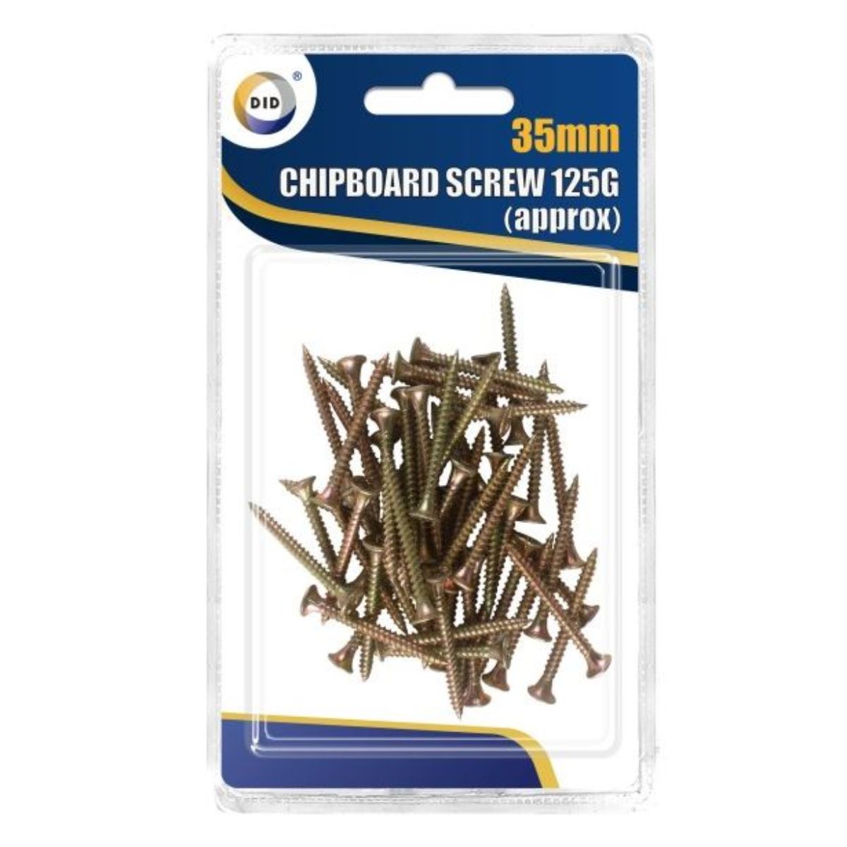Packaging of DID - Chipboard Screws 35mm - 125g with approximately 125 golden screws visible through a clear plastic blister. Packaging of DID - Chipboard Screws 35mm - 125g with approximately 125 golden screws visible through a clear plastic blister.