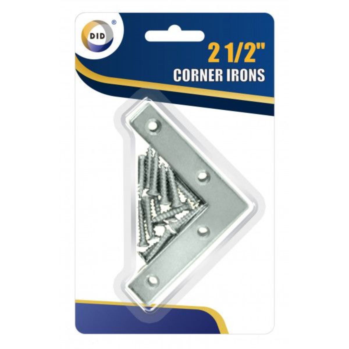 Packaging of DID - Corner Irons - 2.5inch with included screws, displayed on a retail card. Packaging of DID - Corner Irons - 2.5inch with included screws, displayed on a retail card.