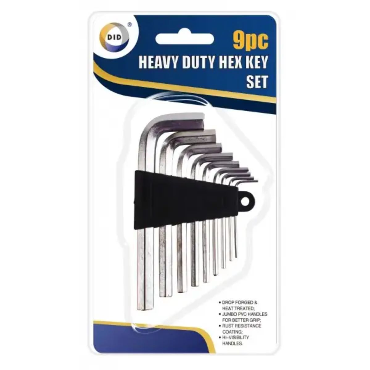 Packaged DID - Heavy Duty Hex Key Set - 9pcs on a retail card, featuring various sizes of allen wrenches with black handles. Packaged DID - Heavy Duty Hex Key Set - 9pcs on a retail card, featuring various sizes of allen wrenches with black handles.