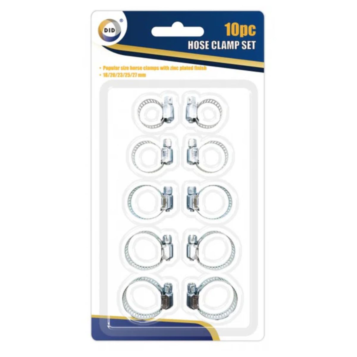 Packaging of a DID Hose Clamp Set - 10pcs with various sizes displayed on a blue and white card. Packaging of a DID Hose Clamp Set - 10pcs with various sizes displayed on a blue and white card.