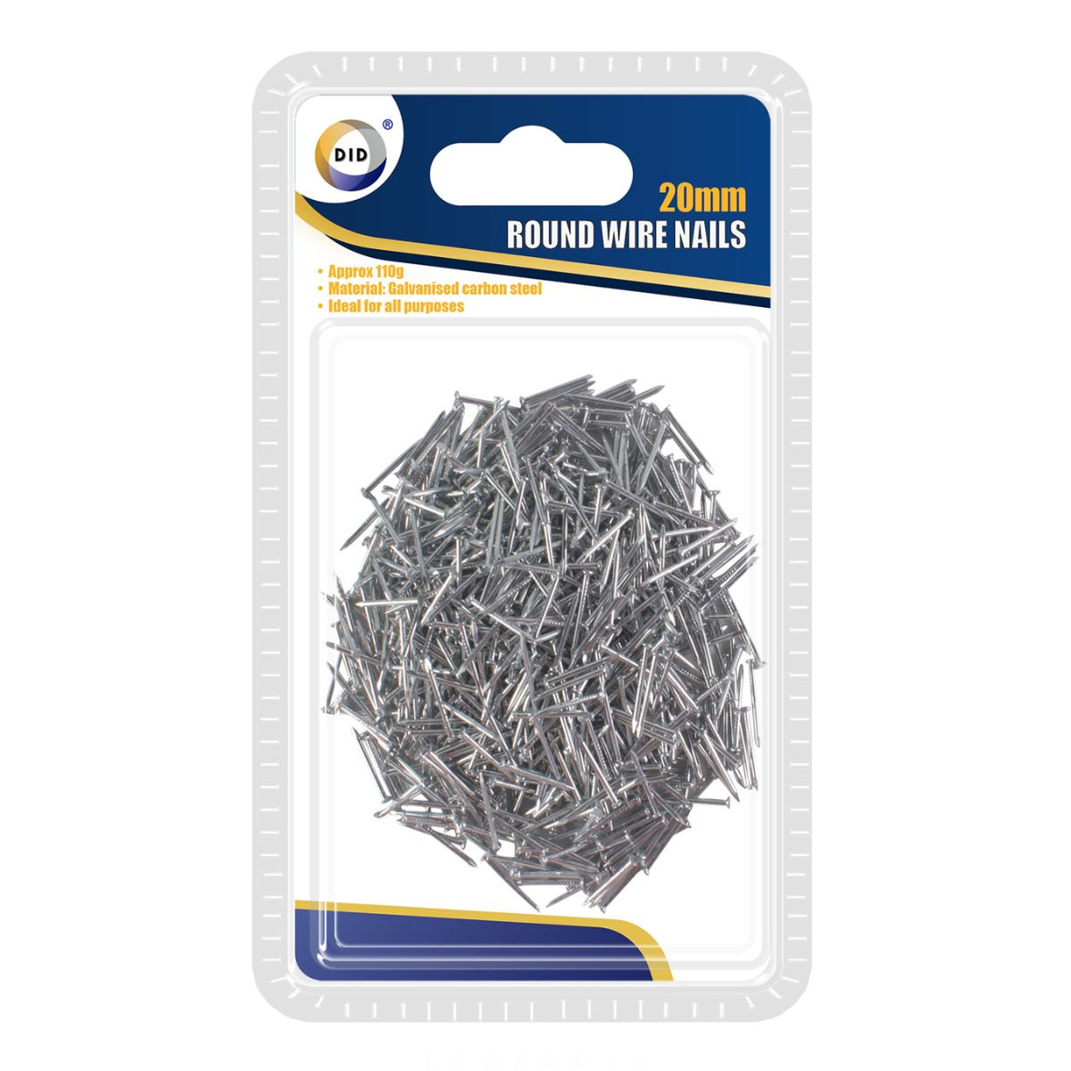 Plastic packaging containing a pile of DID - Round Wire Nails 20mm made of galvanized carbon steel, labeled for all purposes.