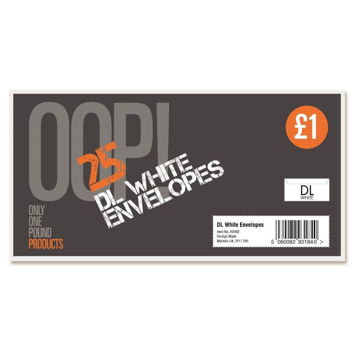 Oop! 25-pack DL white envelopes priced at £1, featuring the brand logo on the front. Oop! 25-pack DL white envelopes priced at £1, featuring the brand logo on the front.