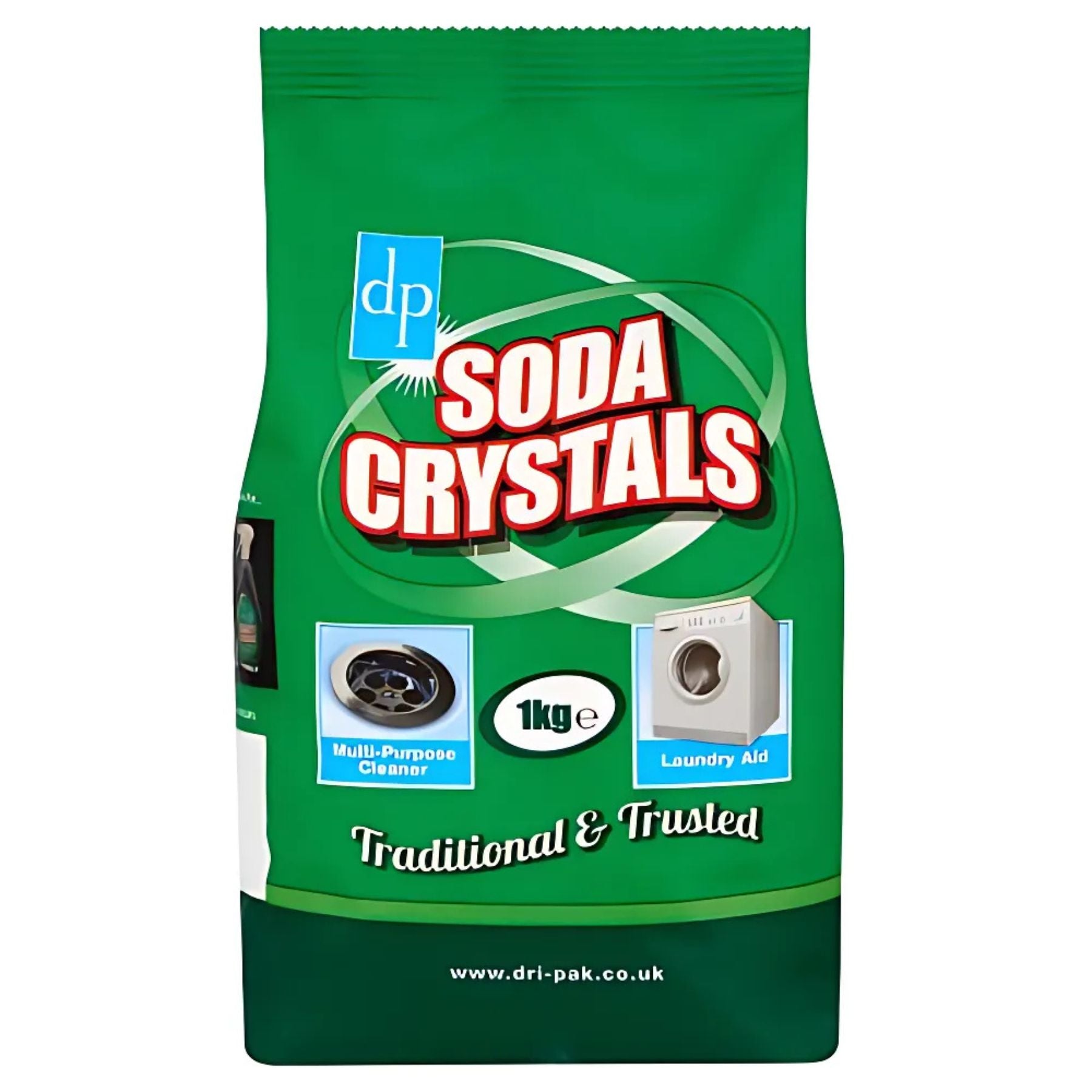 A green 1kg bag of DP - Clean & Natural Soda Crystals with "Traditional & Trusted" text, icons for multi-use cleaning and laundry aid. This non-toxic product is ideal for household tasks. A green 1kg bag of DP - Clean & Natural Soda Crystals with "Traditional & Trusted" text, icons for multi-use cleaning and laundry aid. This non-toxic product is ideal for household tasks.