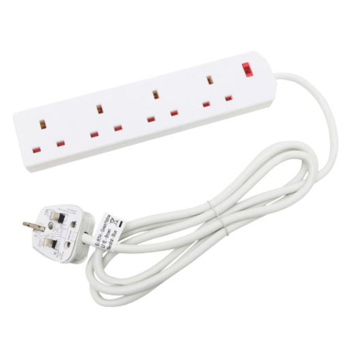 Sentence with product name: Daewoo - 4 Way Extension - 5m with four sockets and a detachable three-pin plug, lying on a plain background. Sentence with product name: Daewoo - 4 Way Extension - 5m with four sockets and a detachable three-pin plug, lying on a plain background.
