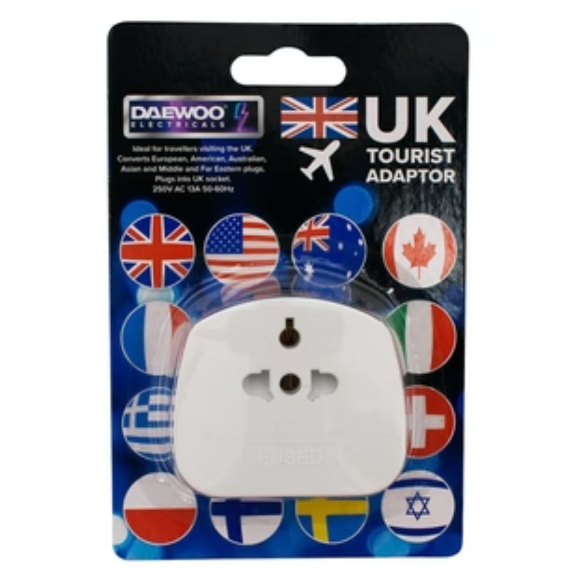 The packaging of the Daewoo - Travel Adaptor for Visitors To UK - 1pcs is designed for travel convenience, featuring multiple national flags and an image of the UK travel adaptor. Ideal for various countries, it ensures you stay connected on your journeys. The packaging of the Daewoo - Travel Adaptor for Visitors To UK - 1pcs is designed for travel convenience, featuring multiple national flags and an image of the UK travel adaptor. Ideal for various countries, it ensures you stay connected on your journeys.