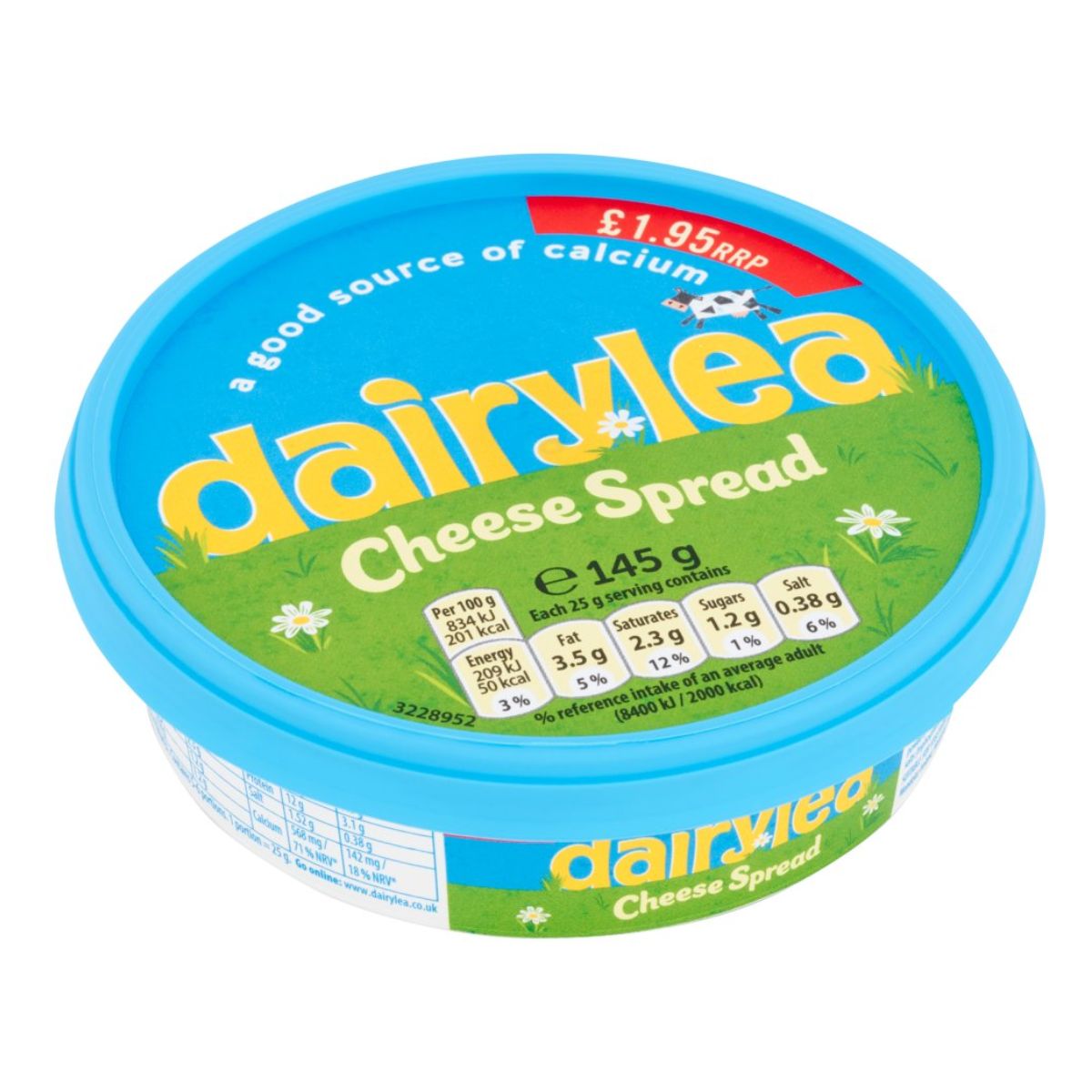 A blue container with green and yellow text, Dairylea - Cheese Spread - 145g.