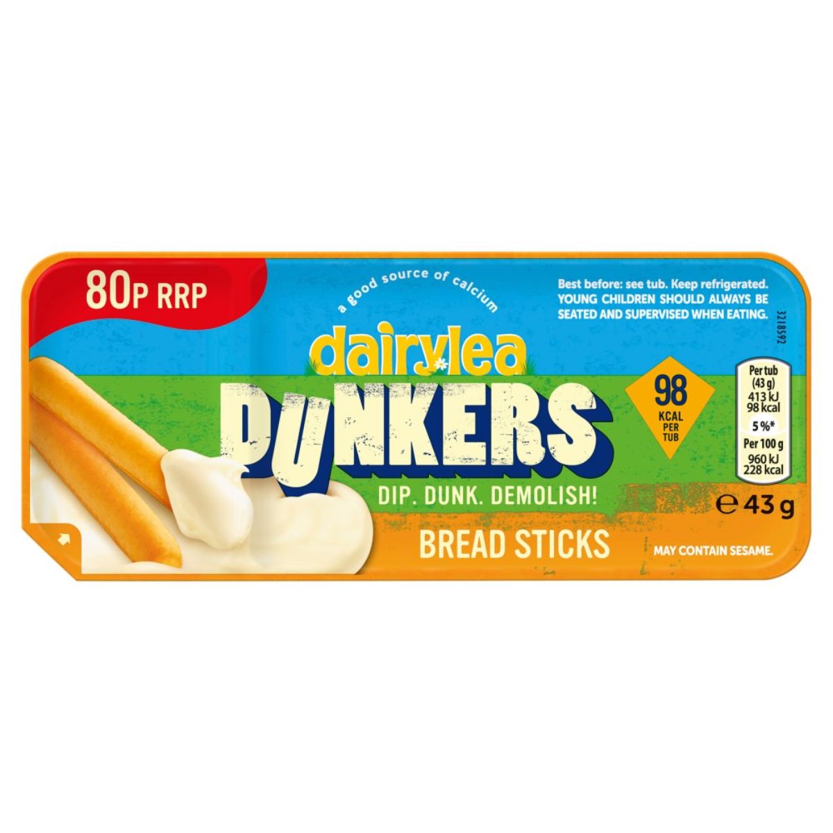 A box of Dairylea - Dunkers Breadsticks Cheese Snack - 43g on a white background.