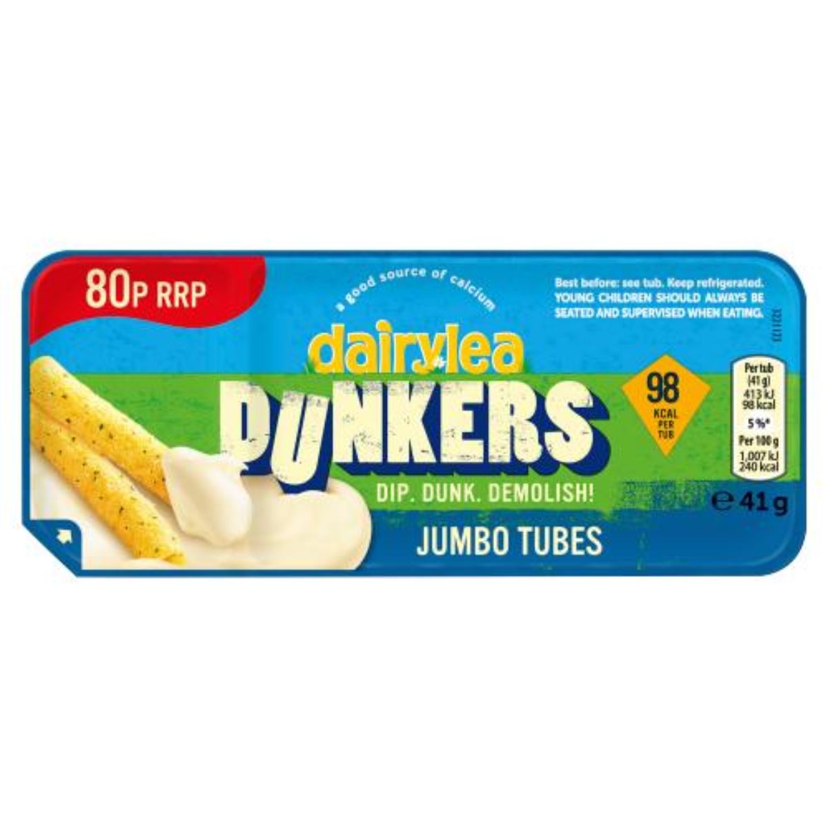 A tin of Dairylea - Dunkers Jumbo Tubes - 41g on a white background.