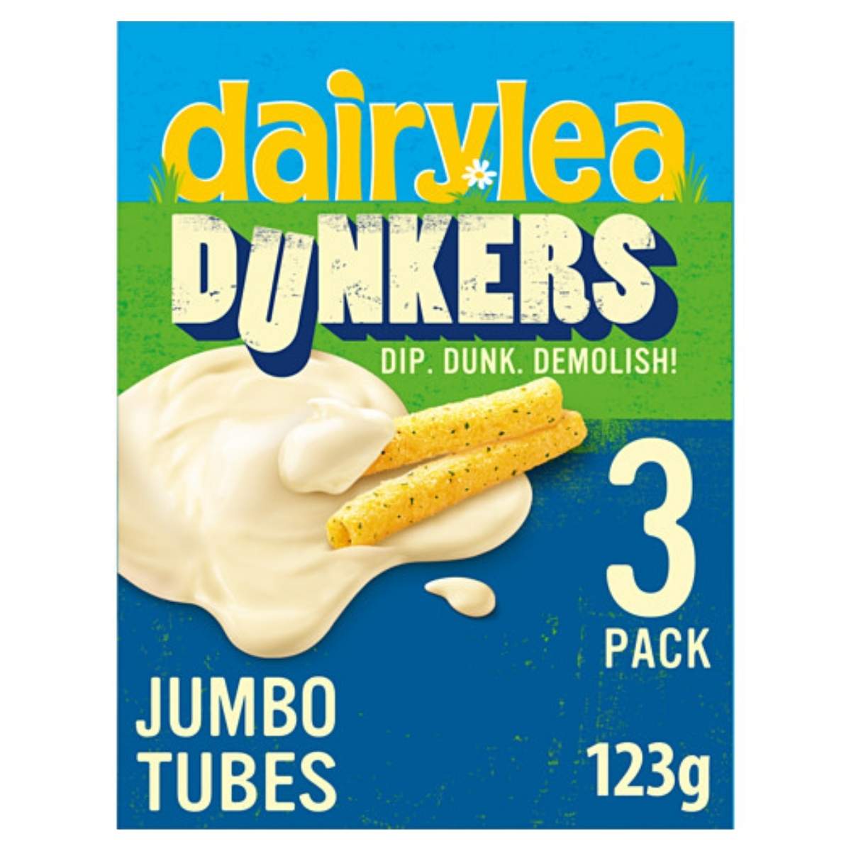 Dairylea - Dunkers Jumbo Tubes Cheese Snacks box with the slogan "Dip. Dunk. Demolish!" includes 3 packs, totaling 123g. Dairylea - Dunkers Jumbo Tubes Cheese Snacks box with the slogan "Dip. Dunk. Demolish!" includes 3 packs, totaling 123g.