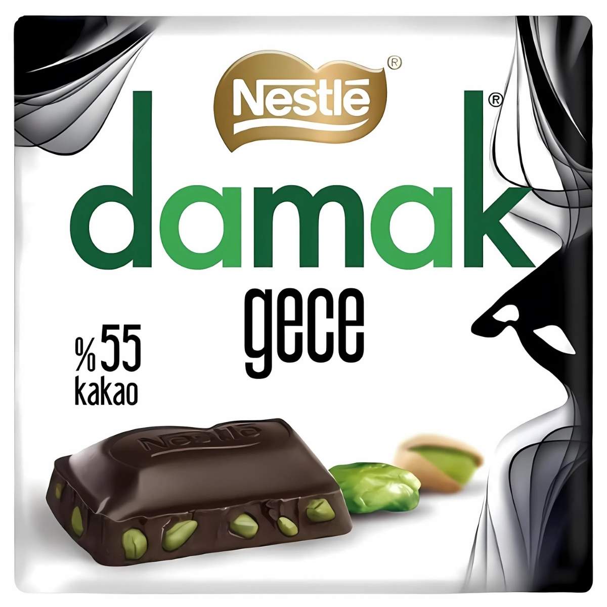 The packaging of the Damak - Dark Chocolate with Pistachios (60g) by Nestlé displays a decadent dark chocolate bar studded with crunchy pistachios, highlighting its 55% cocoa content. The packaging of the Damak - Dark Chocolate with Pistachios (60g) by Nestlé displays a decadent dark chocolate bar studded with crunchy pistachios, highlighting its 55% cocoa content.