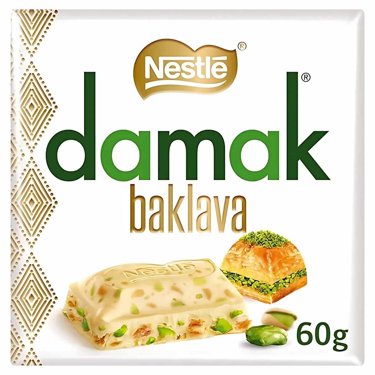Nestlé's Damak - Baklava with White Chocolate & Pistachios 60g packaging features an enticing image of a pistachio-filled chocolate square next to baklava, merging tradition with indulgence. Nestlé's Damak - Baklava with White Chocolate & Pistachios 60g packaging features an enticing image of a pistachio-filled chocolate square next to baklava, merging tradition with indulgence.