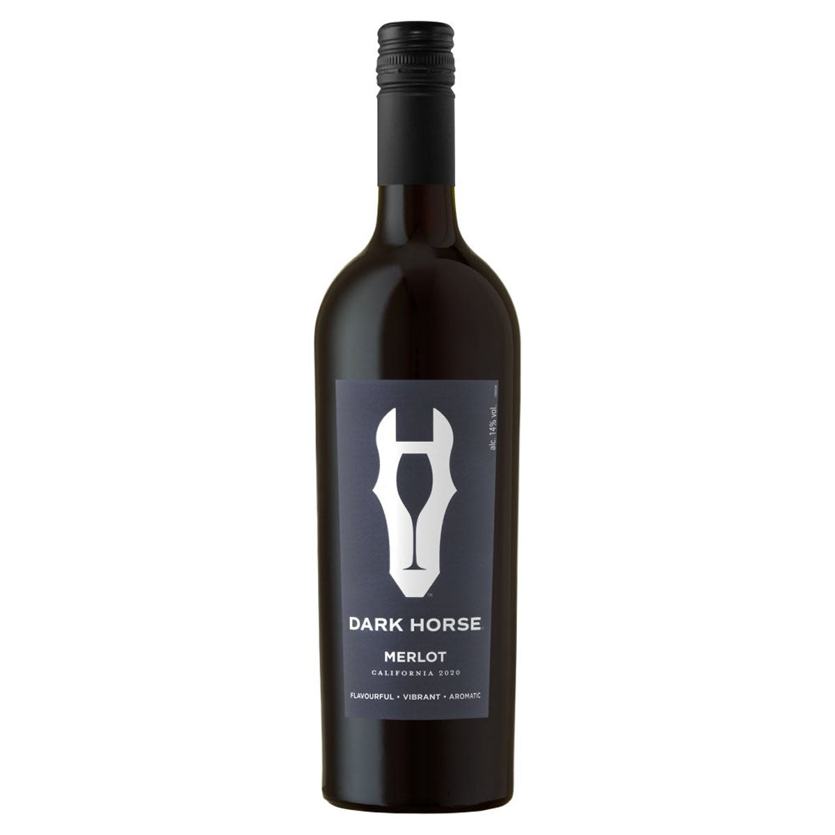 A bottle of Dark Horse - Merlot Red Wine (14.5% ABV) - 750ml with a horse head on it.