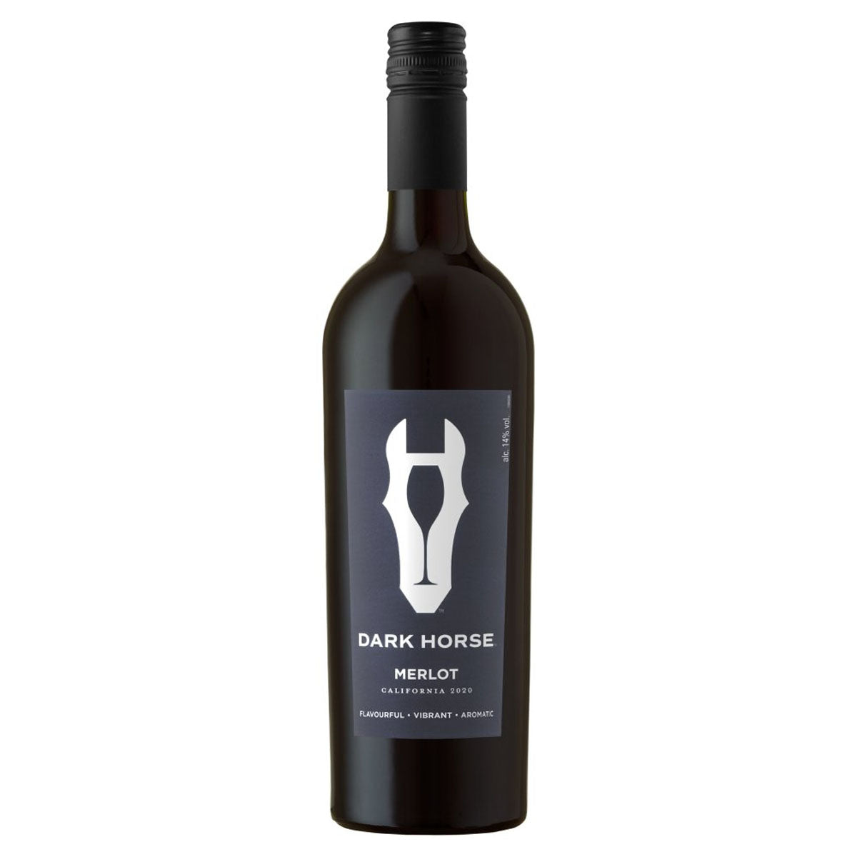 A bottle of Dark Horse - Merlot Red Wine (14.5% ABV) - 750ml with a horse head on it. A bottle of Dark Horse - Merlot Red Wine (14.5% ABV) - 750ml with a horse head on it.