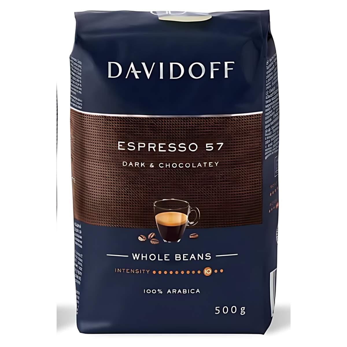 Davidoff's Dark And Chocolatey Whole Beans, 500g, feature on the label "Dark & Chocolatey" with a 4/6 intensity. Made from 100% Arabica, the package shows a small coffee cup surrounded by rich beans. Davidoff's Dark And Chocolatey Whole Beans, 500g, feature on the label "Dark & Chocolatey" with a 4/6 intensity. Made from 100% Arabica, the package shows a small coffee cup surrounded by rich beans.