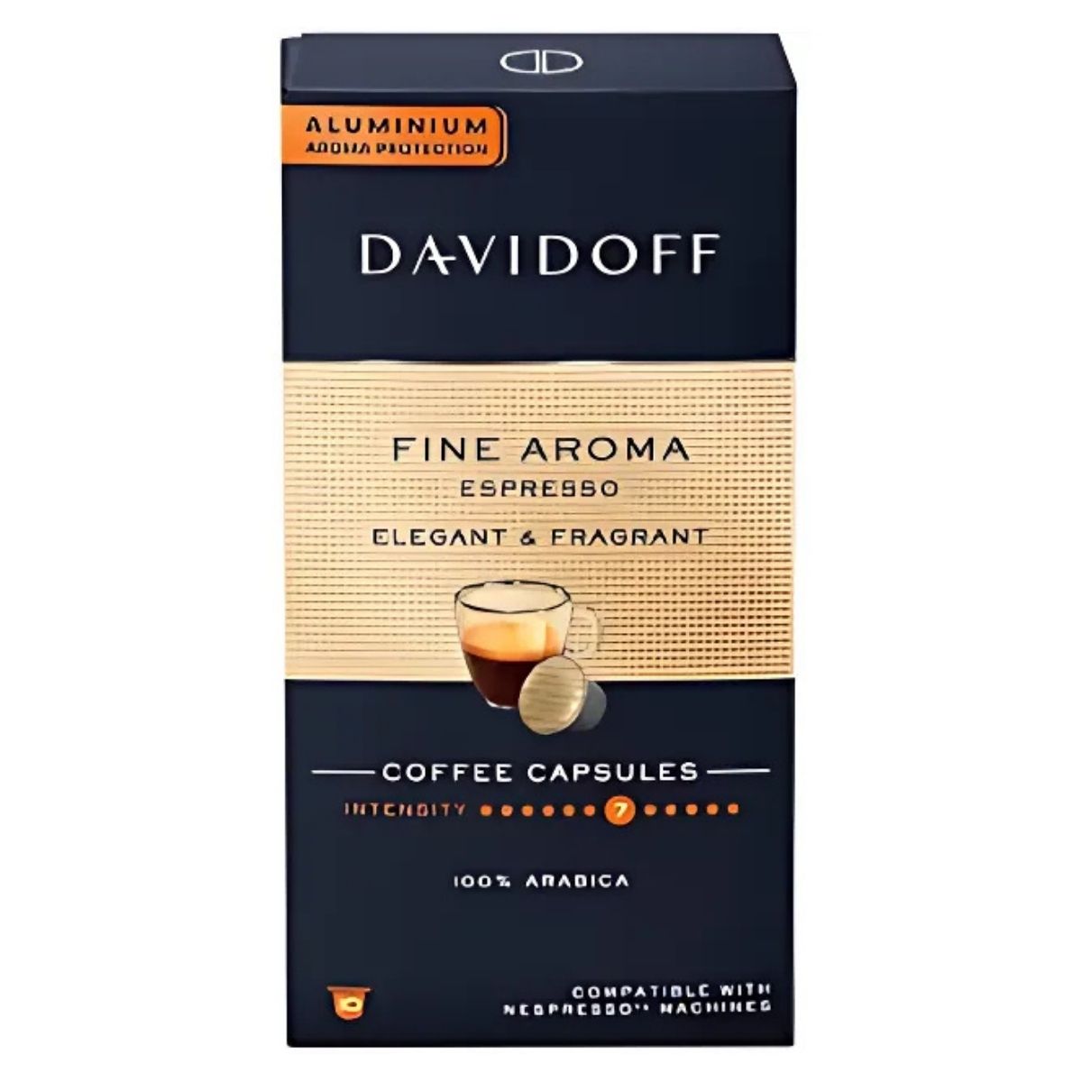 Davidoff Fine Aroma Espresso Coffee Capsules, 55g—crafted from premium Arabica beans, intensity level 7, and compatible with Nespresso machines. Davidoff Fine Aroma Espresso Coffee Capsules, 55g—crafted from premium Arabica beans, intensity level 7, and compatible with Nespresso machines.