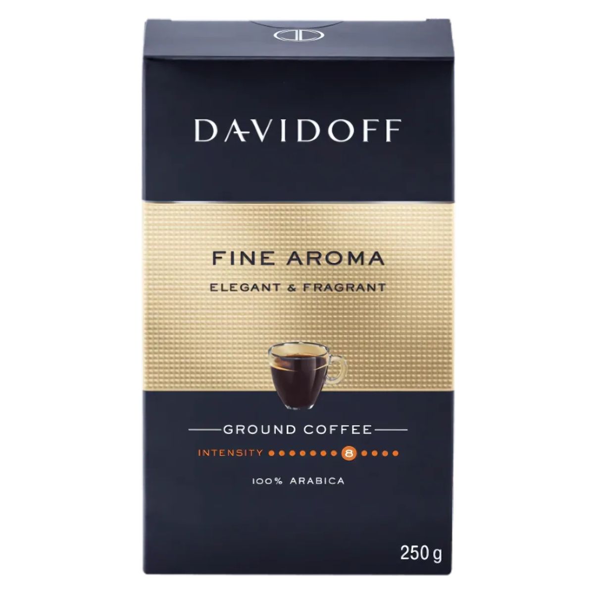 Davidoff - Fine Aroma Ground Coffee - 250g comes in a gold and black pack with a coffee cup design. Made from premium Arabica beans, it offers a balanced taste with an intensity level of 3 out of 5. Davidoff - Fine Aroma Ground Coffee - 250g comes in a gold and black pack with a coffee cup design. Made from premium Arabica beans, it offers a balanced taste with an intensity level of 3 out of 5.