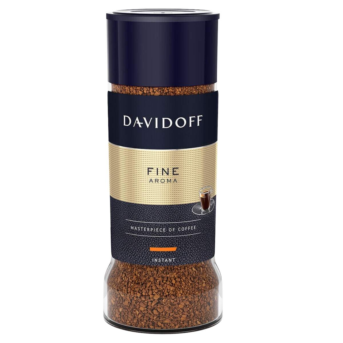 A 100g jar of Davidoff - Fine Aroma Instant Coffee features visible granules and a dark blue and gold label, promising rich flavor in every cup. A 100g jar of Davidoff - Fine Aroma Instant Coffee features visible granules and a dark blue and gold label, promising rich flavor in every cup.