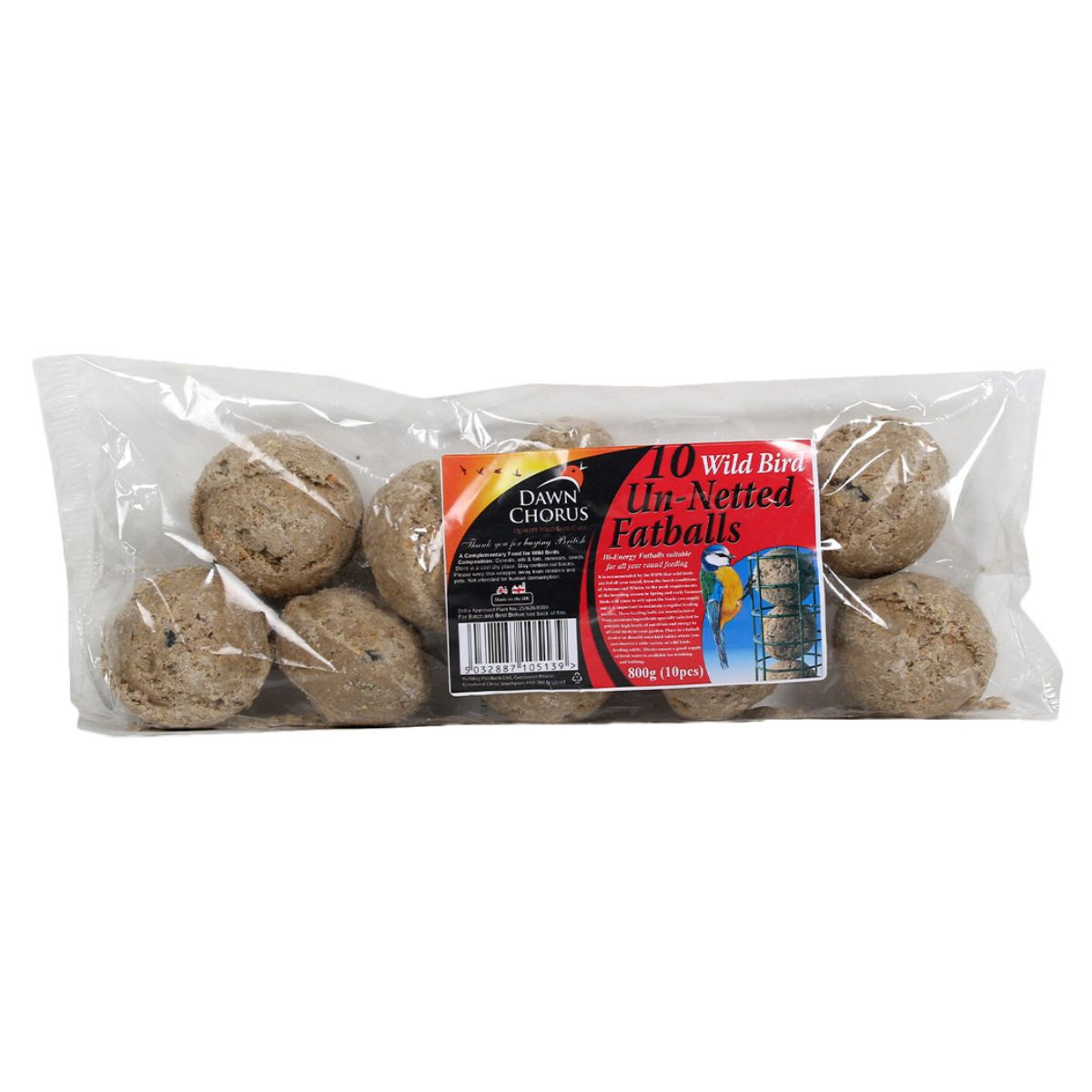 A package of Dawn Chorus - 10 Wild Bird Un Netted Fatballs - 800g on a white background.