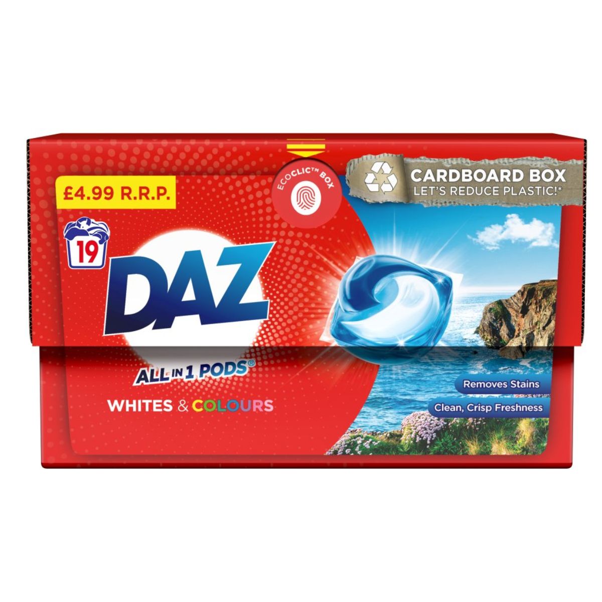 A box of Daz - All-in-1 Pods Washing Liquid Capsules - 19 Washes laundry detergent for whites and colors with pricing and environmental packaging information.