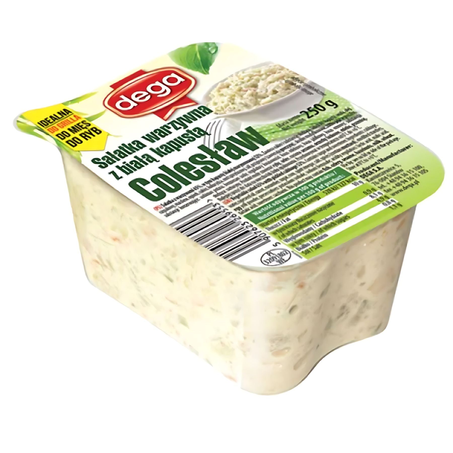 Dega - Coleslaw - 250g is a creamy vegetable salad in a 250g container with a plastic lid, Polish labeling, an image of the salad, and nutritional information. Dega - Coleslaw - 250g is a creamy vegetable salad in a 250g container with a plastic lid, Polish labeling, an image of the salad, and nutritional information.
