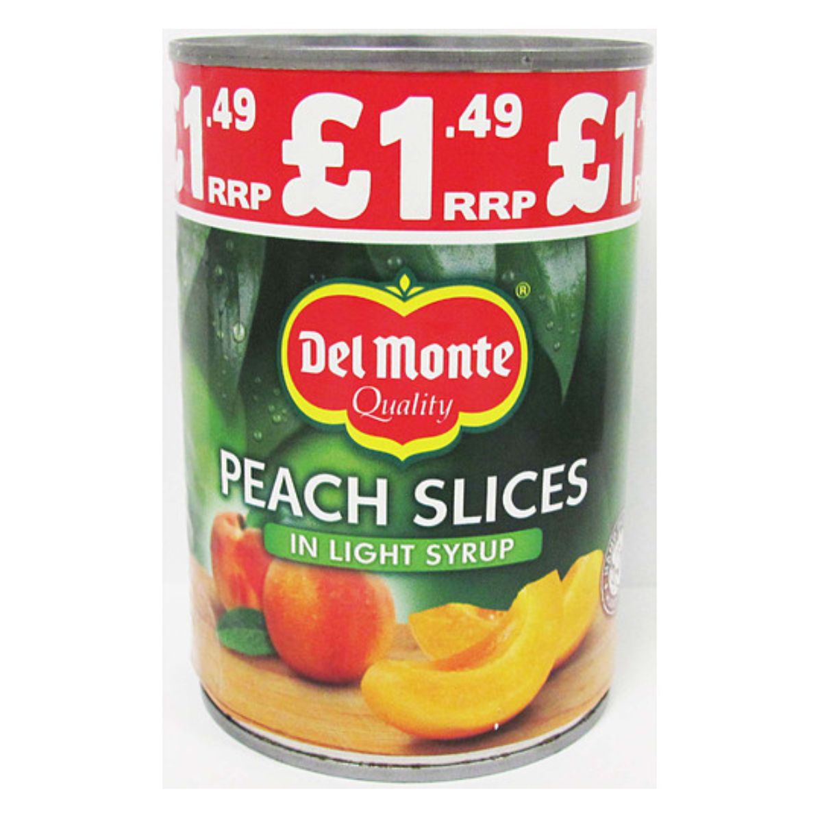 A can of Del Monte - Peach Slices In Light Syrup - 420g with price tags.