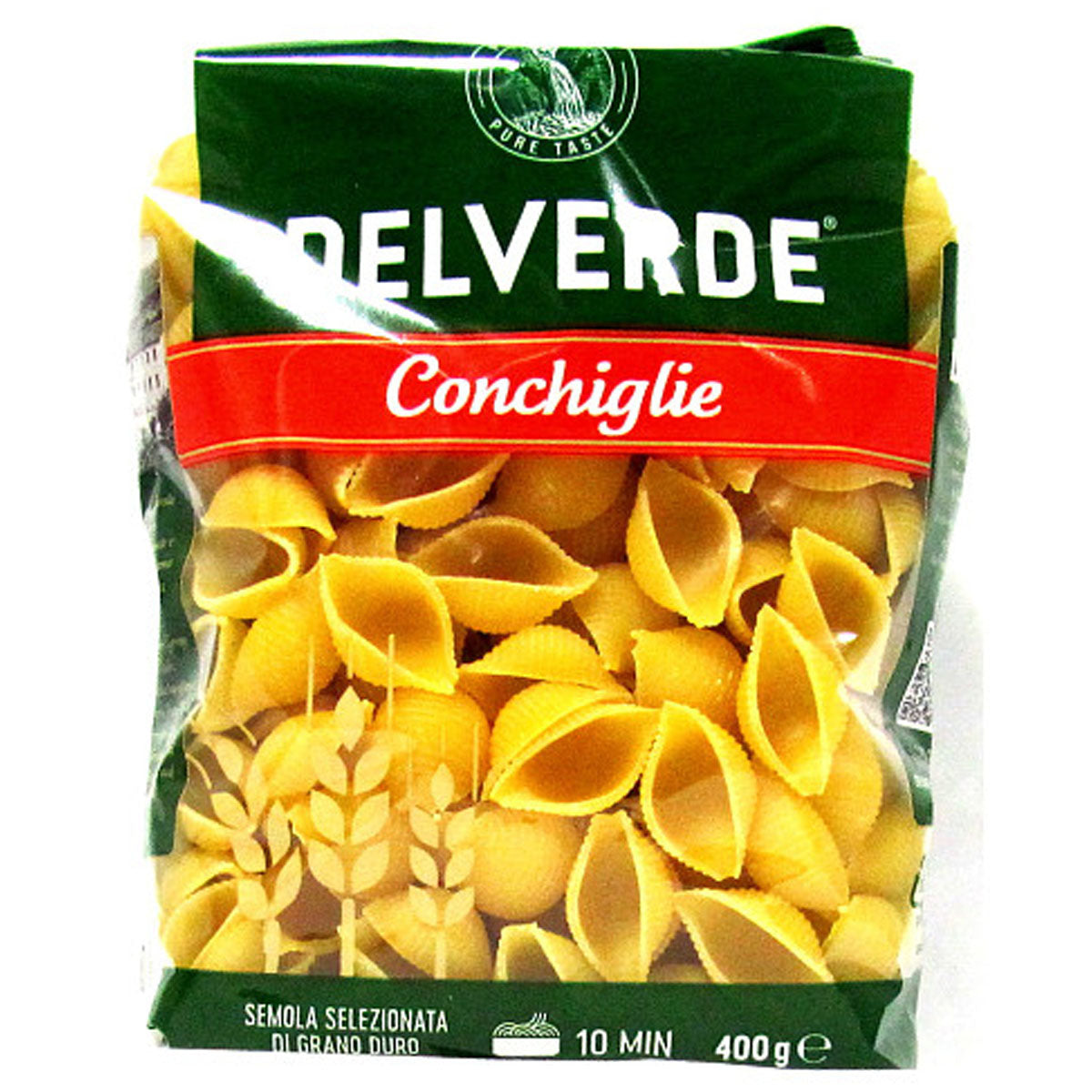 A bag of Del Verde - Conchiglie Pasta - 400g on a white background. A bag of Del Verde - Conchiglie Pasta - 400g on a white background.